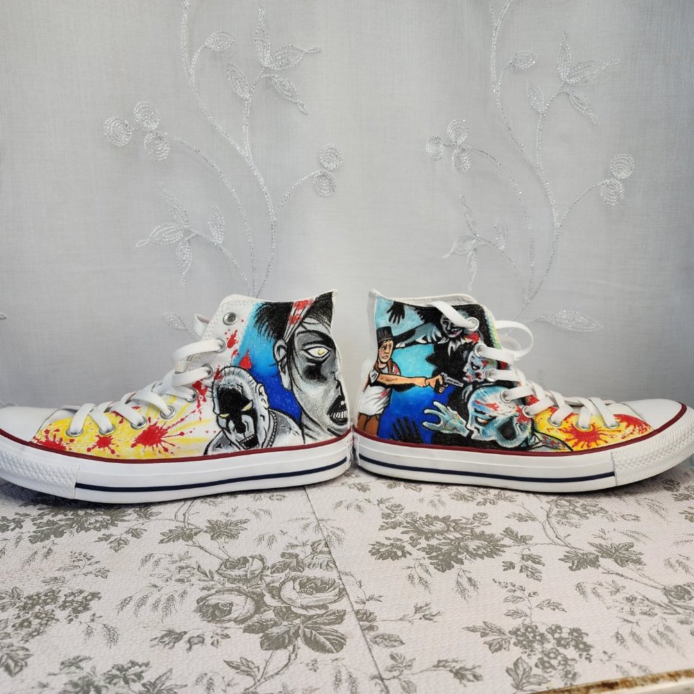 Custom Painted Zombie Hunter/Splatter Hi-Top Converse All-Stars Unisex W9/M7 - Picture 7 of 12